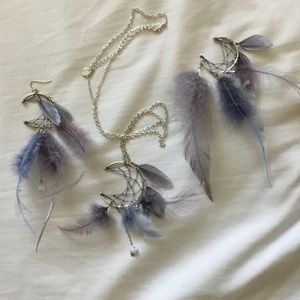 Feathered Crescent Moon Necklace and Earrings